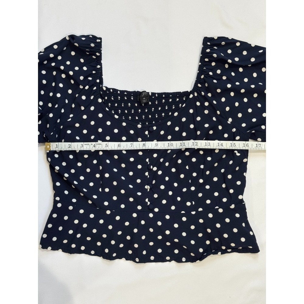 J. Crew Cropped Polka Dot Top M Blue Babydoll Preppy Off Shoulder Retro Modern - Picture 5 of 8